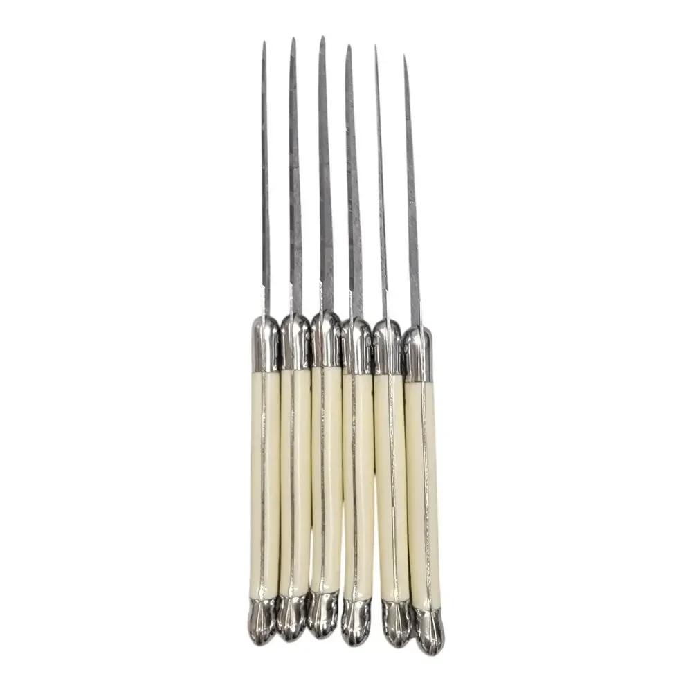 Laguiole Jean Dubost France Steak Knives Set of 6 Ivory Cream Handles Wood Block